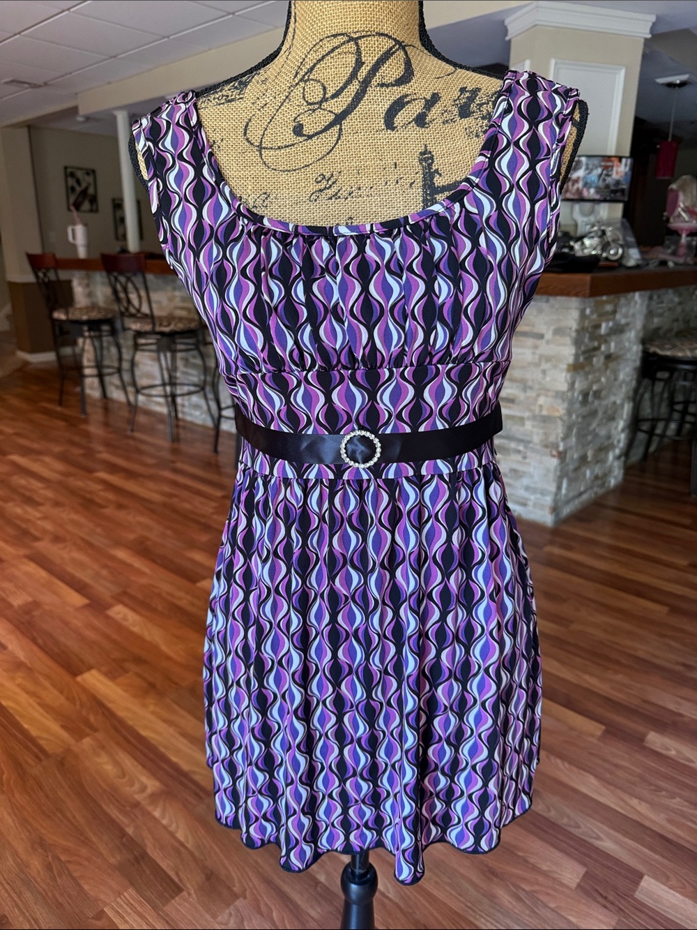 Y2K babydoll top size medium w/ black & rhinestone belt in a psychedelic pattern